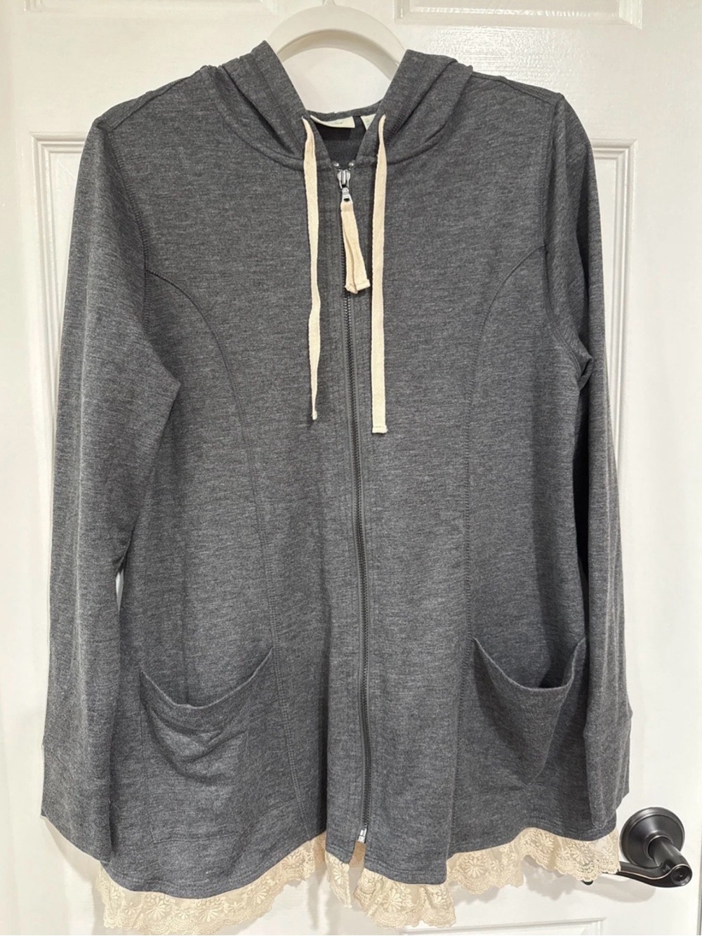LOGO Lounge Women's MED Long Sleeve Zip Up Hooded Sweatshirt Gray Lace Trim
